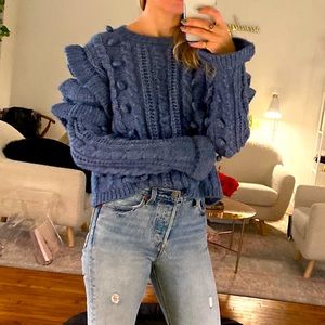 Zara blue cable knit sweater flutter shoulder M